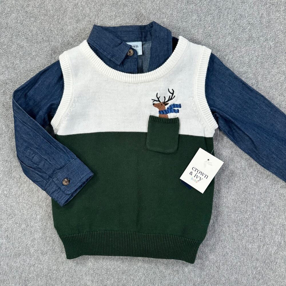 Crown & Ivy Baby Shirt Sweater Vest Deer Pocket Size 18 Months Green Blue Collar